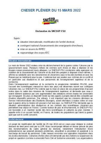 Déclaration du SNESUP-FSU au CNESER du 15 mars 2022
