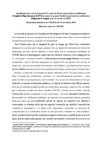 CNESER 19 et 20/11/2019 - Déclaration Snesup et résultats des votes Certifications d'anglais