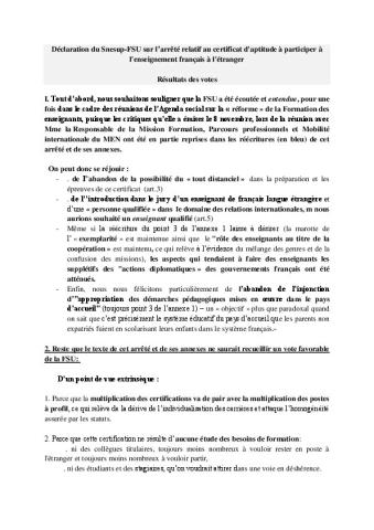 CNESER 19 et 20/11/2019 - Déclaration du Snesup-FSU sur l’arrêté relatif au certificat d'aptitude à participer à l'enseignement français à l'étranger