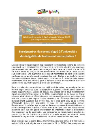 Enseignant·es du second degré à l'université : des inégalités de traitement inacceptables ! - Déclaration SNESUP/SNEP-FSU suite à l'AG du 10 mai 2023