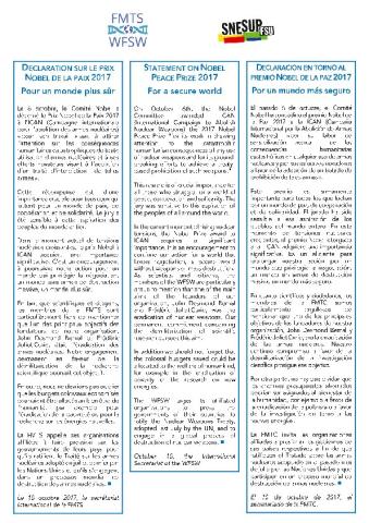 DECLARATION SUR LE PRIX NOBEL DE LA PAIX 2017 - Pour un monde plus sûr