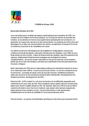 Le CTMESR du 26 septembre vote unanimement la motion sur les frais de mission déposée par la FSU