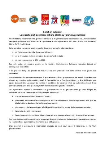La réussite du 5 décembre est une alerte au futur gouvernement - Communiqué de l’intersyndicale de la fonction publique du 6 décembre 2024