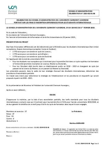 Université Clermont-Auvergne : Délibération du conseil d'administration portant sur les frais d'inscription, 1er février 2019