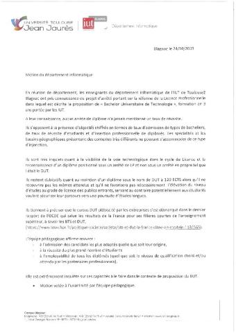 Motion du département d'informatique de l'IUT de l'Université de Toulouse Jean Jaurès Blagnac sur le Bachelor Universitaire de Technologie