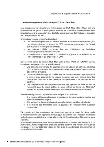 Motion du département informatique IUT de l'Université Nice côte d’Azur