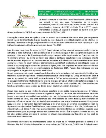 Discours d'introduction du secrétaire général (Hervé CHRISTOFOL) au congrès 2019