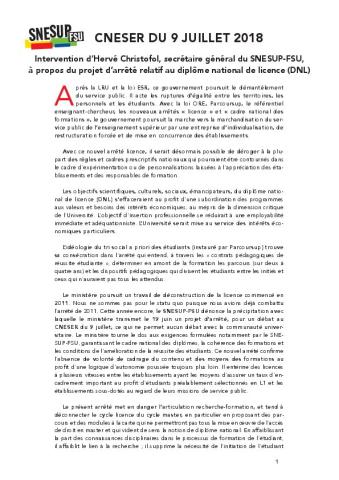 CNESER DU 9 JUILLET 2018 Intervention d’Hervé Christofol, SG du SNESUP-FSU, sur le projet d’arrêté relatif au diplôme national de licence