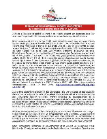 Discours d'introduction du secrétaire général (Hervé CHRISTOFOL) au congrès 2017