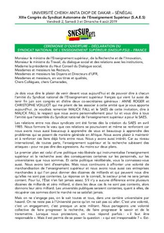 Discours du SNESUP-FSU au congrès du SAES - Dakar, le 2 août 2019