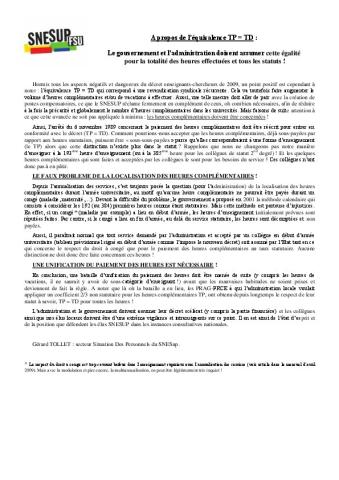 Equivalence TP = TD : Le gouvernement et l’administration doivent assumer cette égalité pour la totalité des heures effectuées et tous les statuts !