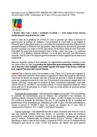  « Restez chez vous » mais « continuez l’activité » : trois temps d’une lecture syndicale pour un paradoxe de crises - CP des syndicats FSU de l'Université Grenoble Alpe, 23 mars 2020