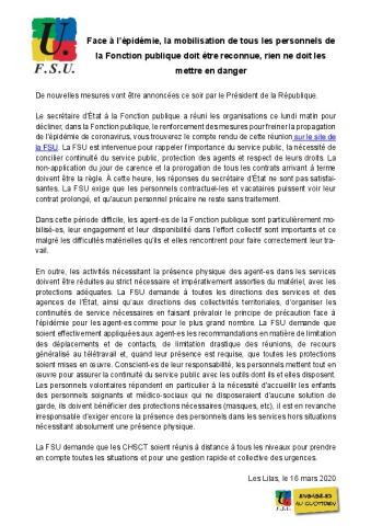 Face à l’épidémie, la mobilisation de tous les personnels de la Fonction publique doit être reconnue, rien ne doit les mettre en danger - CP FSU du 16 mars 2020