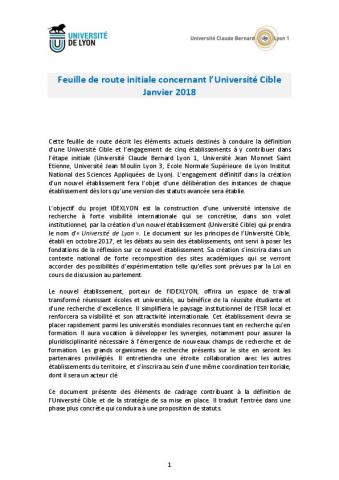 Université de Lyon 1 : Feuille de route initiale concernant l’Université Cible - Janvier 2018