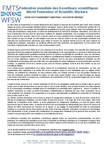 COVID-19 ET CHANGEMENT CLIMATIQUE : UN COUP DE SEMONCE