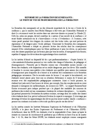 REFORME DE LA FORMATION DES ENSEIGNANTS : LE POINT DE VUE DE PROFESSIONNELS DE LA FORMATION (Collectif des formatrices et formateurs de l'ÉSPÉ de Créteil)