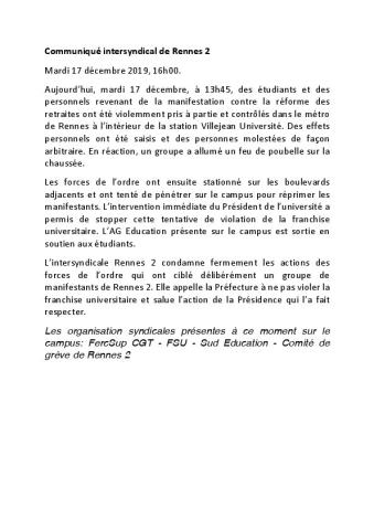 Université de Rennes 2 : L'intersyndicale condamne fermement les actions des forces de l'ordre - CP du 17 décembre 2019 - 