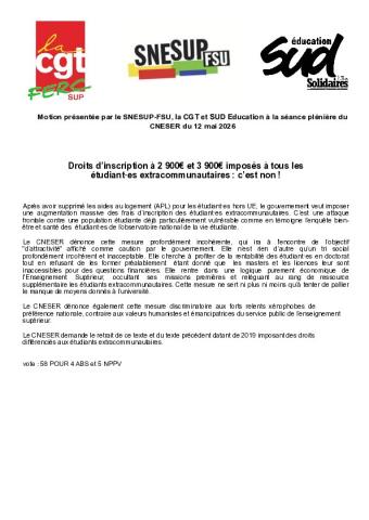 Motion présentée par le SNESUP-FSU, la CGT et SUD Education à la séance plénière du CNESER du 12 mai 2026 