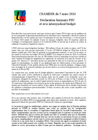 CSA ministériel MESR du 5 mars 2024 - déclaration FSU et avis intersyndical budget