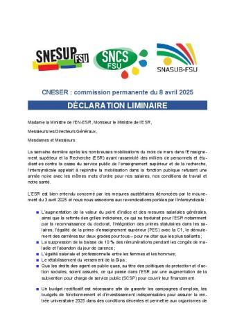 Déclaration liminaire de la FSU au CNESER en CP du 8 avril 2025 