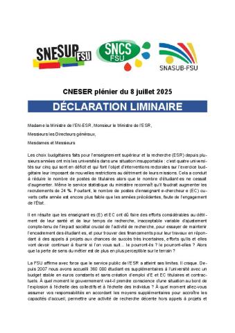 Déclaration liminaire de la FSU au CNESER plénier du 8 juillet 2025