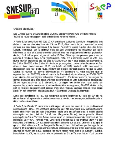 Fusion d'établissements de la COMUE Sorbonne Paris Cité - Message de la FSU