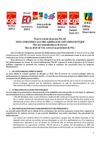 Tract - Fusion Paris Sciences et Lettres - PSL Research University Research University 