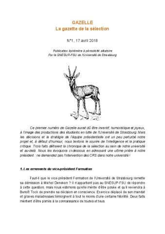 GAZELLE - La gazette de la sélection n° 1 - 17 avril 2018 - Éditée par le SNESUP-FSU de Strasbourg