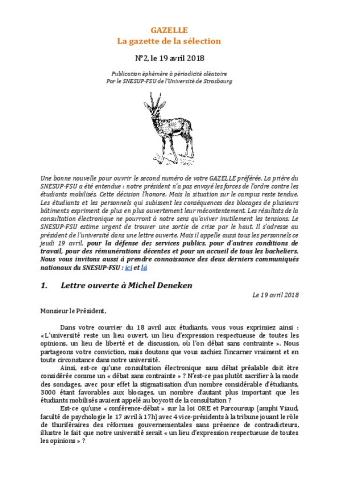 GAZELLE n° 2 - La gazette de la sélection, 19 avril 2018 - Éditée par le SNESUP-FSU de Strasbourg