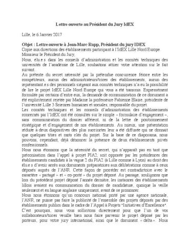 IDEX Lille Nord Europe : Lettre ouverte au Président du Jury