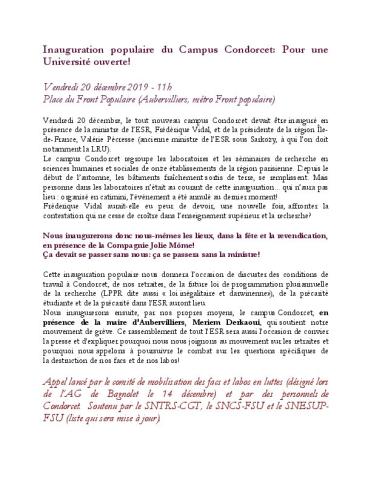 Vendredi 20 décembre - Inauguration populaire du Campus Condorcet : Pour une Université ouverte !