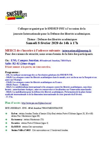 Colloque « Défense des libertés académiques » le samedi 8 février 2020 à l'ENS Paris