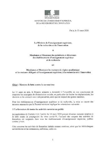 COVID19 - Instructions du ministère du 15 mars 2020