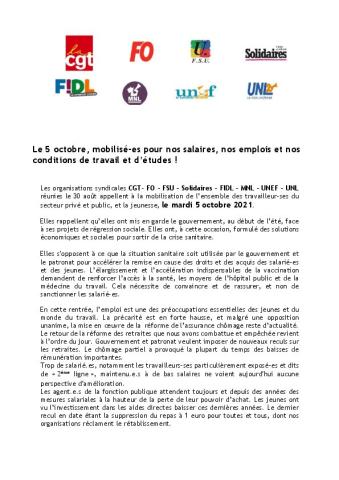 Le 5 octobre, mobilisé es pour nos salaires, nos emplois et nos conditions de travail et d’études - Communiqué interprofessionnel du 30 août 2021