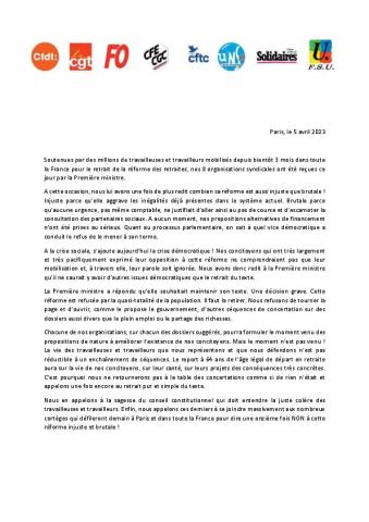 Les déclarations de l'intersyndicale et de la FSU à la sortie de Matignon le 5 avril 2023