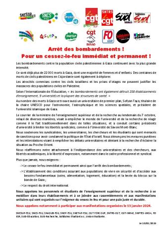 Pour un cessez-le-feu immédiat et permanent ! - Communiqué intersyndical du 10 janvier 2024