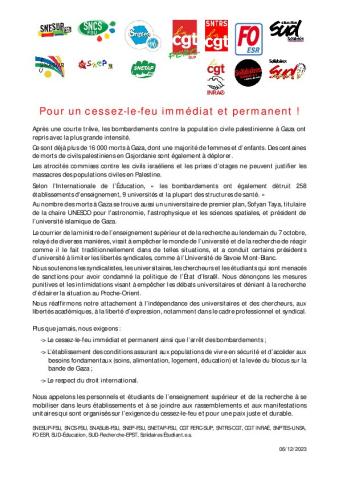 Pour un cessez-le-feu immédiat et permanent ! - Communiqué de presse intersyndical du 6 décembre 2023