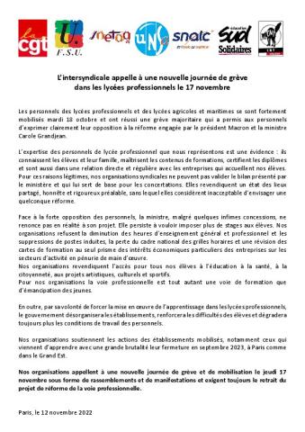 L’intersyndicale appelle à une nouvelle journée de grève dans les lycées professionnels le 17 novembre - Appel du 12 novembre 2022