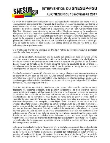 INTERVENTION DU SNESUP-FSU AU CNESER DU 13 NOVEMBRE 2017