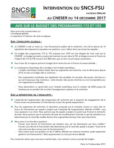 Motion du SNCS au CNESER : AVIS SUR LE BUDGET DES PROGRAMMES 172 ET 193
