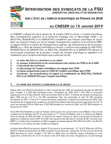 Intervention des syndicats de la FSU au CNESER du 15 janvier 2019