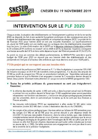 INTERVENTION SUR LE PLF 2020 - CNESER DU 19 NOVEMBRE 2019