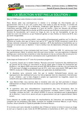 « La sélection n’est pas la solution » - Intervention d’Hervé Christofol, secrétaire général du SNESUP-FSU au meeting de l'ASES