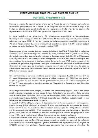 CNESER 19 et 20/11/2019 - INTERVENTION du SNCS-FSU sur le PLF 2020, Programme 172