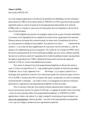 Congrès FSU 2019 -Thème 1 du congrès FSU - intervention SNESUP-FSU - LPPR, 12 décembre 2019
