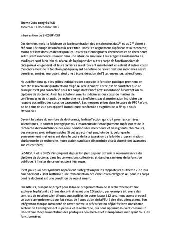Congrès FSU 2019 -Thème 2 du congrès FSU - intervention SNESUP-FSU, 11 décembre 2019