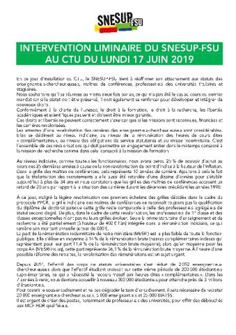 INTERVENTION LIMINAIRE DU SNESUP-FSU AU CTU DU LUNDI 17 JUIN 2019