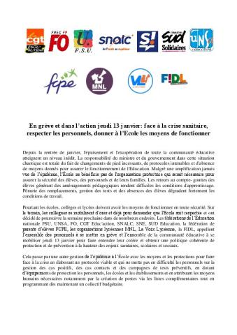 En grève et dans l’action jeudi 13 janvier : face à la crise sanitaire, respecter les personnels, donner à l’Ecole les moyens de fonctionner - Appel intersyndical du 7 janvier 2022