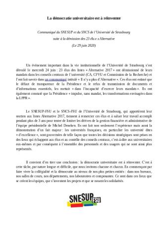 La démocratie universitaire est à réinventer - Communiqué du SNESUP-FSU et du SNCS-FSU de l'université de Strasbourg, 29 juin 2020