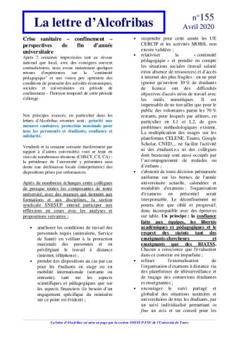 La lettre d’Alcofribas n° 155 - Lettre de la section SNESUP-FSU de l'université de Tours, avril 2020